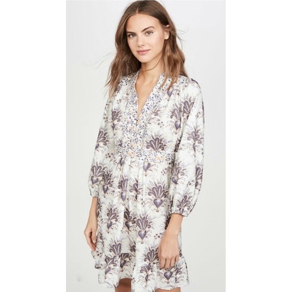 O.P.T x Emily Luciano Mini Dress Women S Cream Paisley Boho Smocked Cottagecore